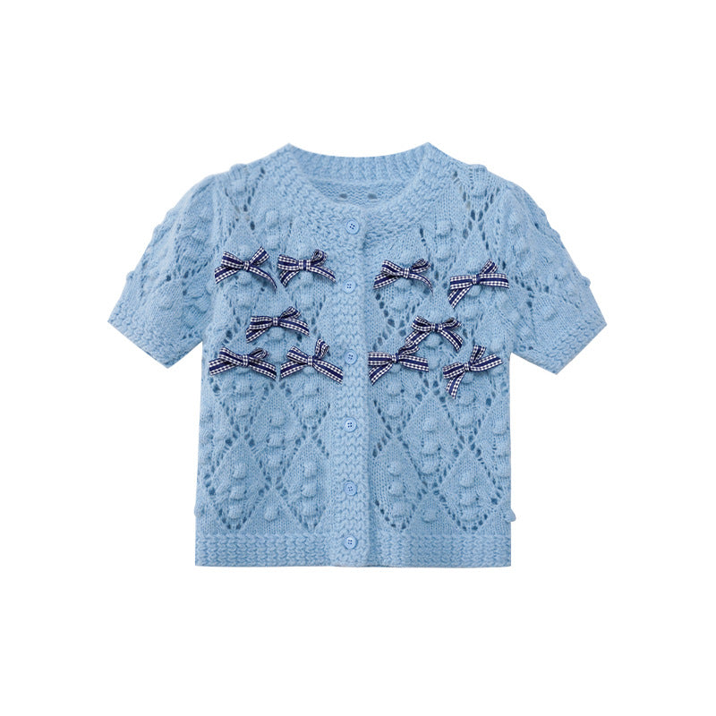 Cute sweet bow hollow short-sleeved knitted sweater
