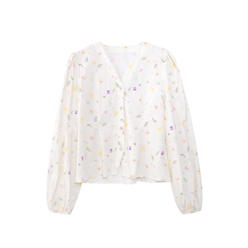Niche fresh and sweet floral v-neck long-sleeved shirt