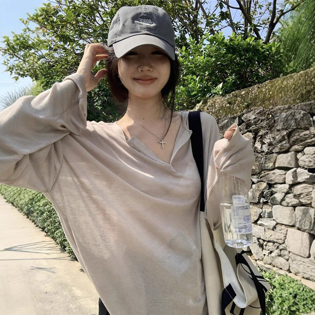 V-Neck Long Sleeve T-Shirt Women Loose Fit Ribbed Sheer Cover-Up