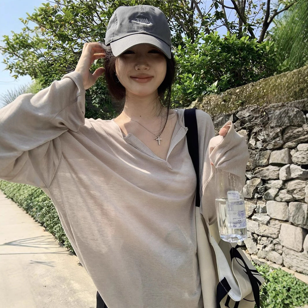 V-Neck Long Sleeve T-Shirt Women Loose Fit Ribbed Sheer Cover-Up