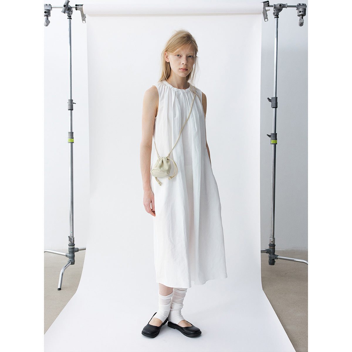 Summer new casual round neck tencel hemp pleated solid color medium and long vest skirt