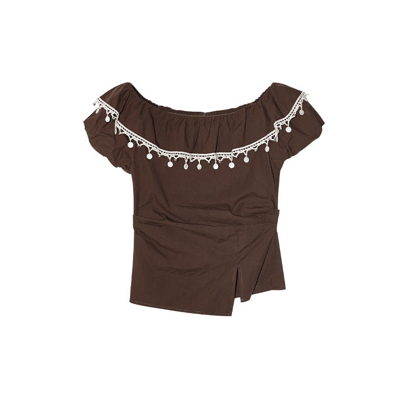 Off-Shoulder Ruffle Trim Bubble Sleeve Cotton Top