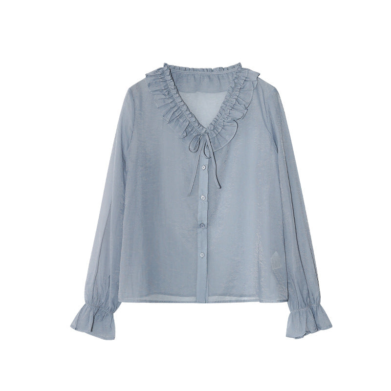 Gentle temperament perspective fungus edge lace-up long-sleeved shirt women
