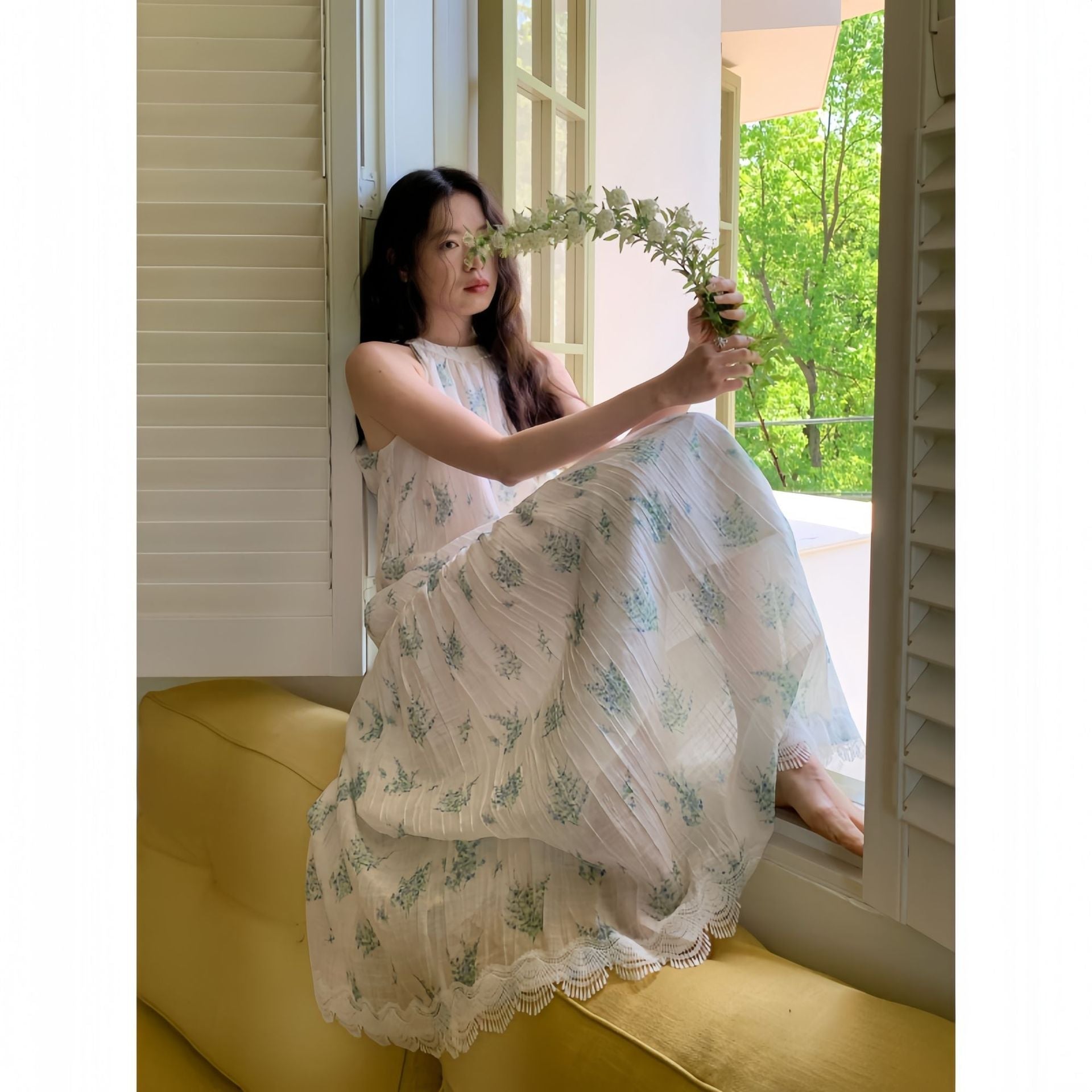 Sweet fairy fresh floral sleeveless neck sling dress