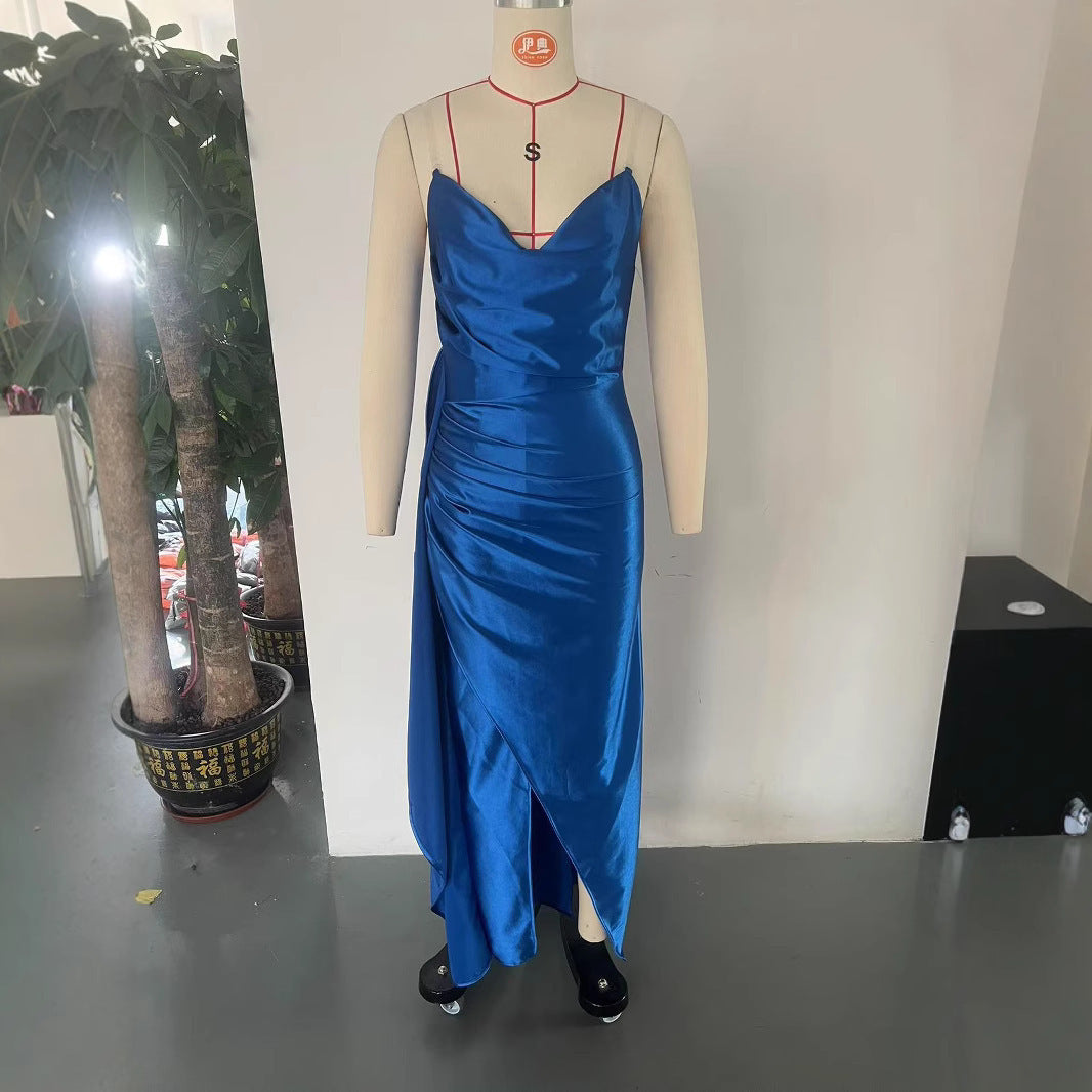 New Celebrity Temperament Evening Dress Sexy Slim V Waist Satin Split Transparent Shoulder Strap Dress