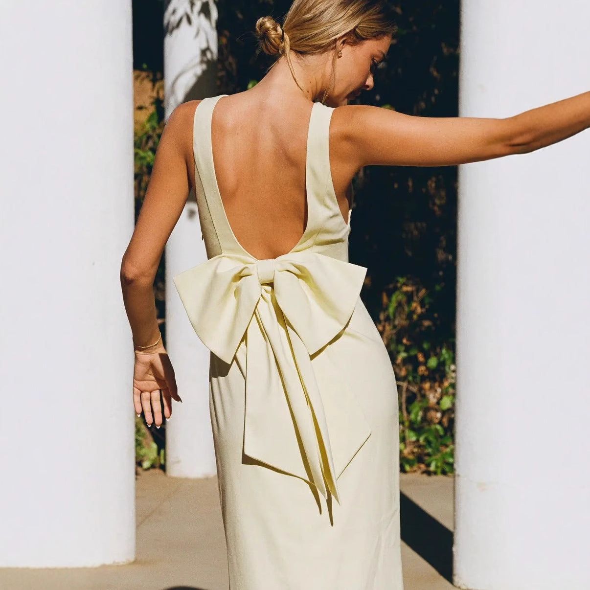 Women's new fashion strap long dress sexy halter bow halter slim dress