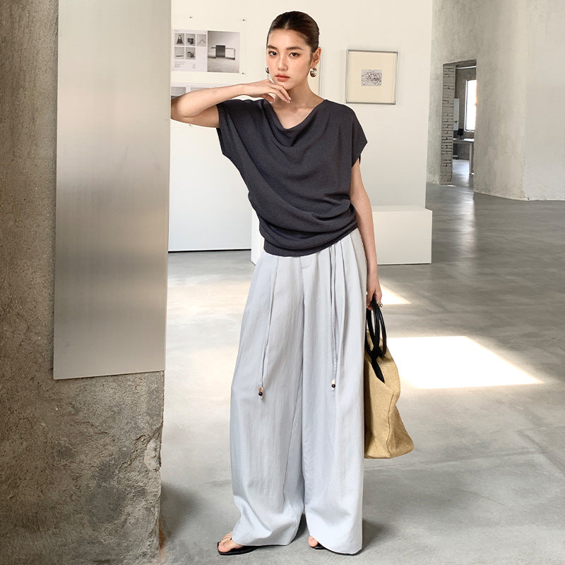 French high-end swing collar knitted shirt spring and summer niche waist ice silk off-the-shoulder top