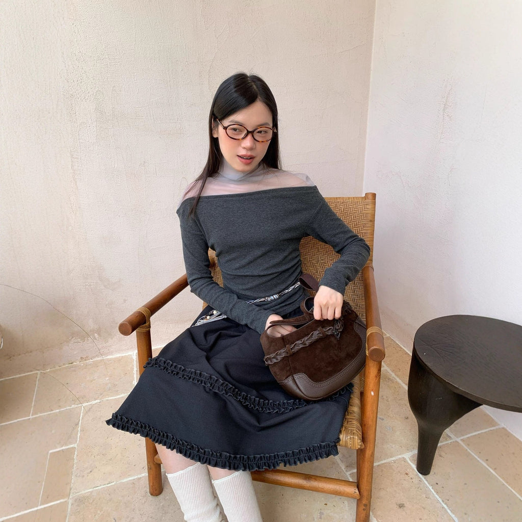 Mesh splicing long-sleeved inner semi-turtleneck bottoming shirt for women