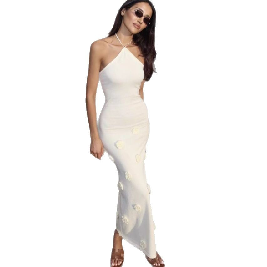 New fashion neck dress three-dimensional flower vacation wind needle hip dress