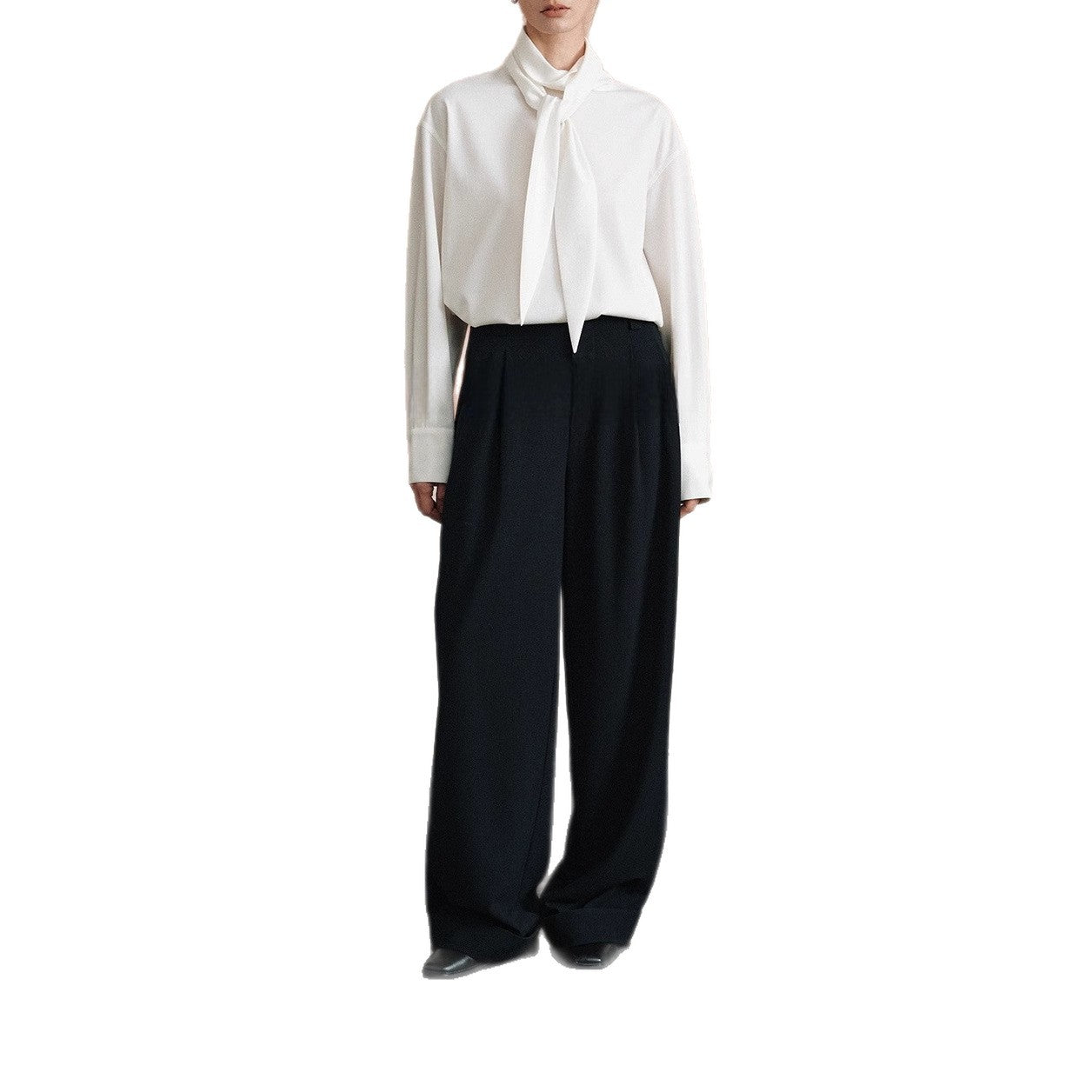 Lapel Long Sleeve Shirt Women Slim Fit Solid Color Tie-Front Top