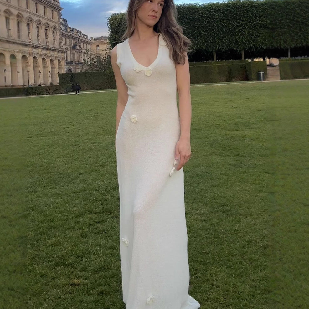 Sexy fashion vest long dress three-dimensional flower knitted dress female spice girl foreign style long