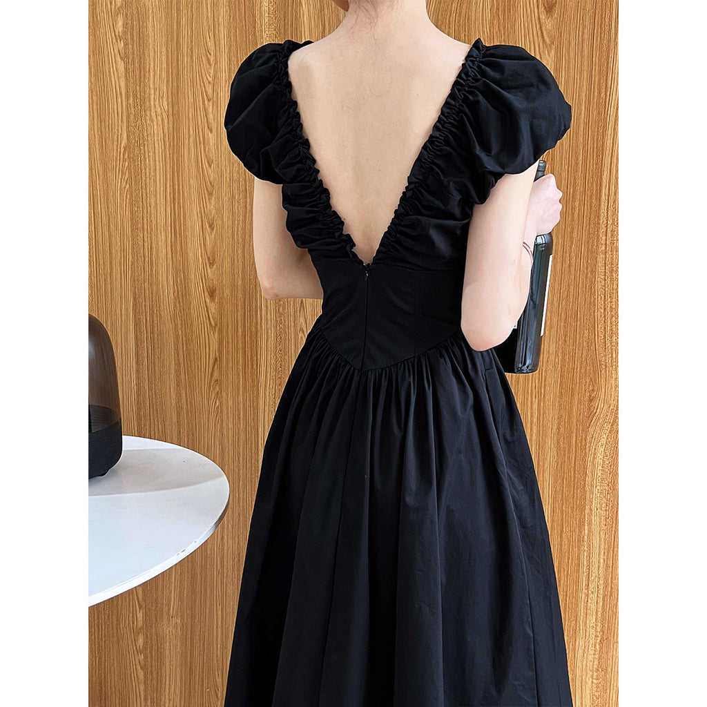 waist halter V-neck dress, celebrity temperament, high-end sense, sleeveless pleated dress
