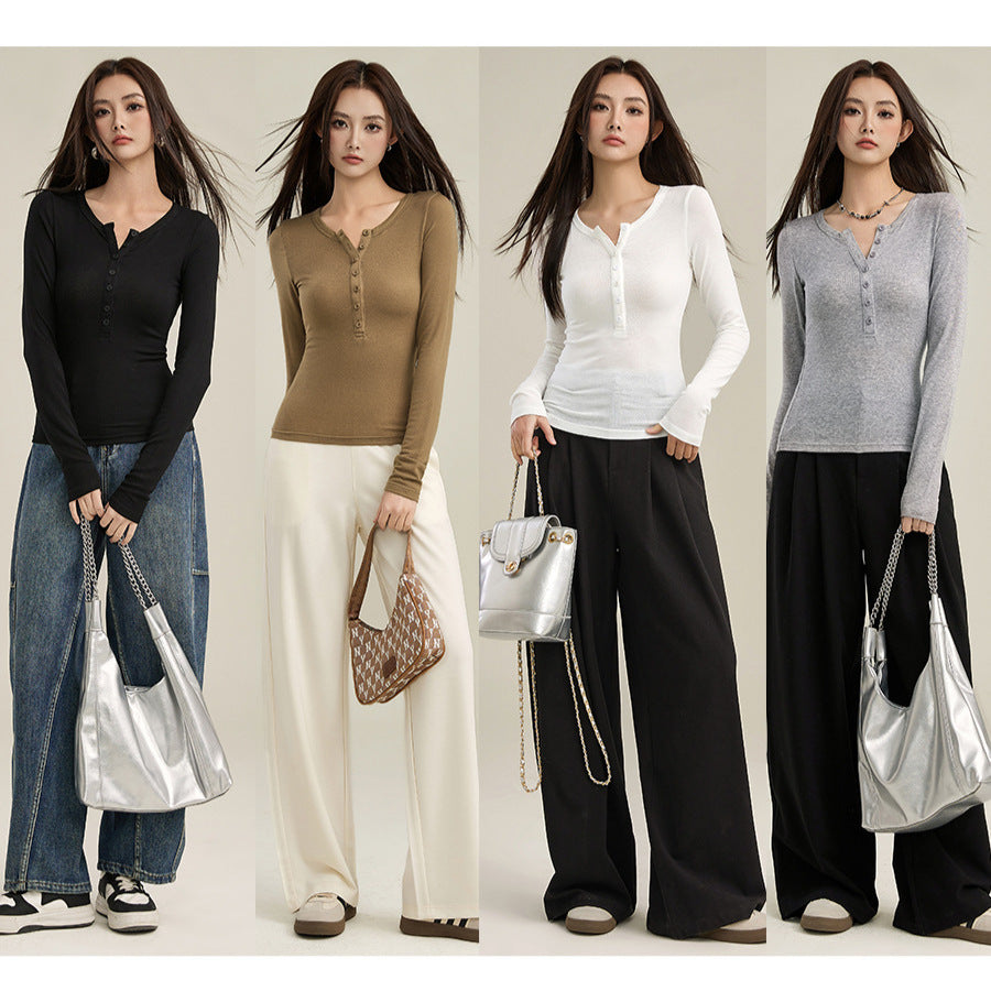 Henley Collar Tencel Wool T-Shirt Women Long Sleeve Slim Fit Knitted Top