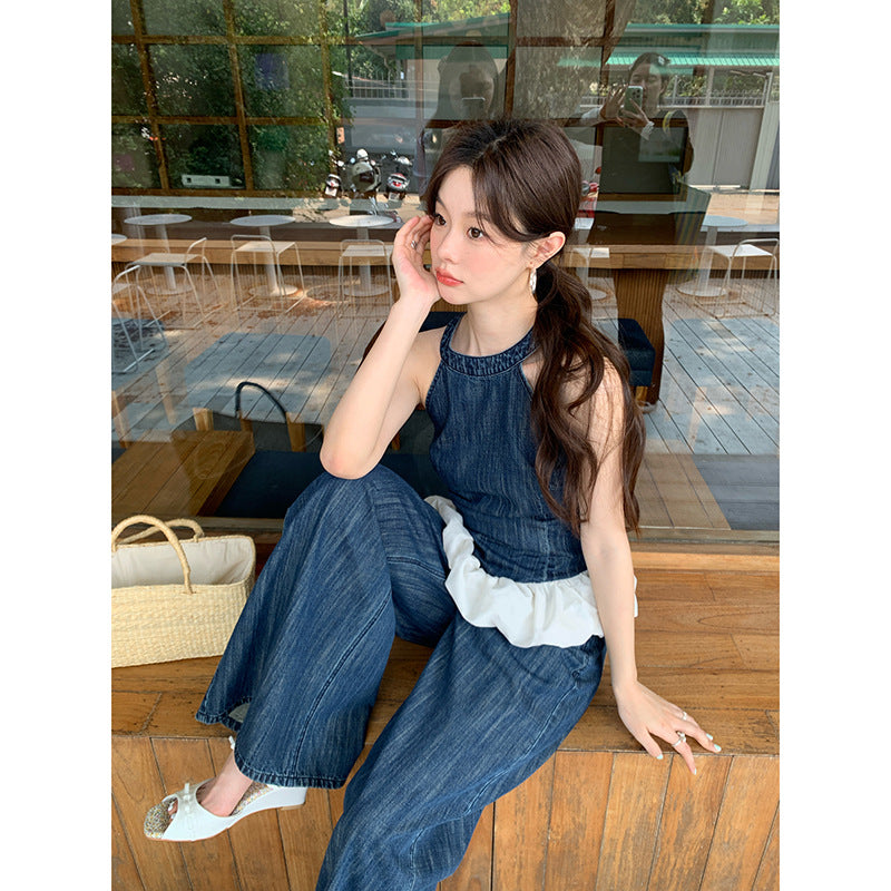 Summer French retro fashion suit female high-end denim two-piece set
