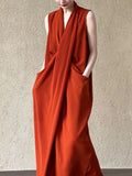 Temperament V-neck sleeveless kink waist dress women's thin irregular high-end long skirt