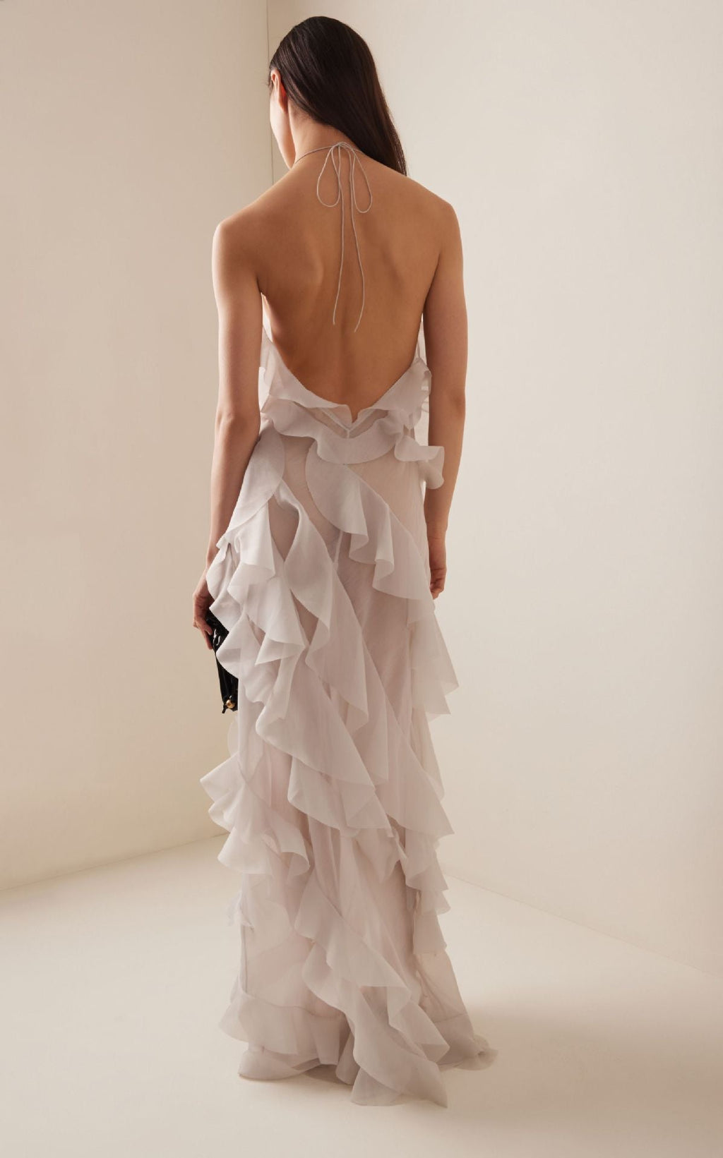Dress sexy deep V through meat suspender dress, high split ruffle edge cake dress