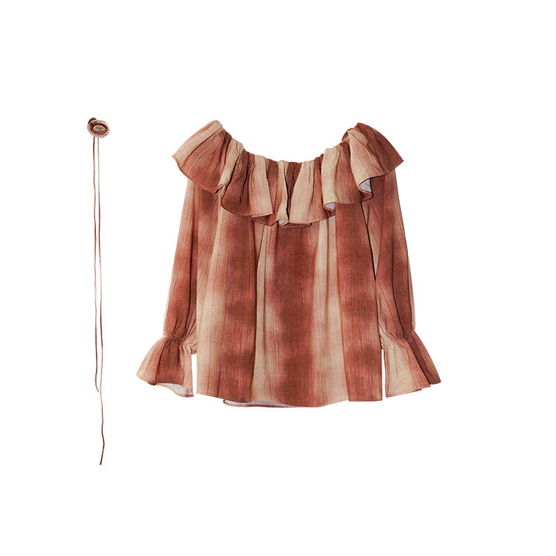 Lotus leaf edge top shoulder long sleeve gradual change tie-dye shirt