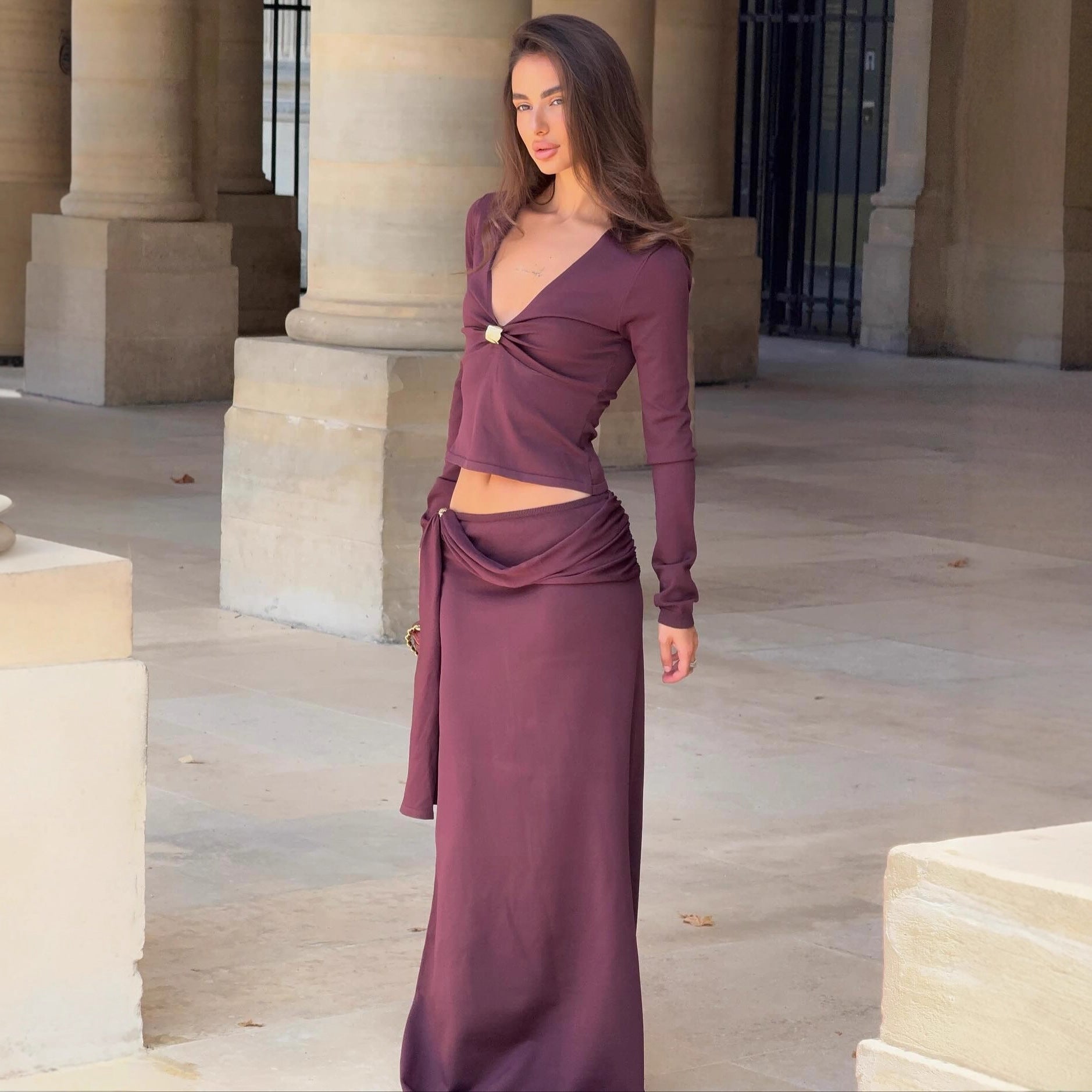 Fashion streamer sexy long-sleeved top skirt two-piece autumn and winter suit