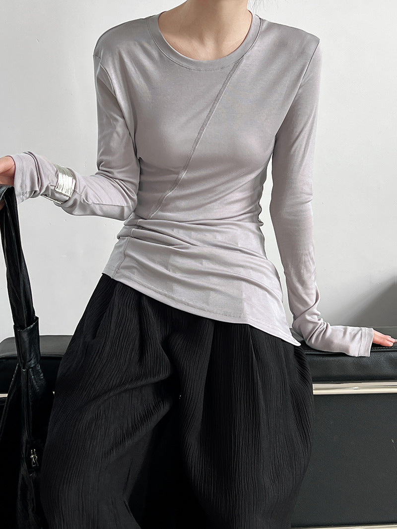 Korean irregular slim-fit T-shirt women's spring new cutting line pile wrinkled bottoming shirt top