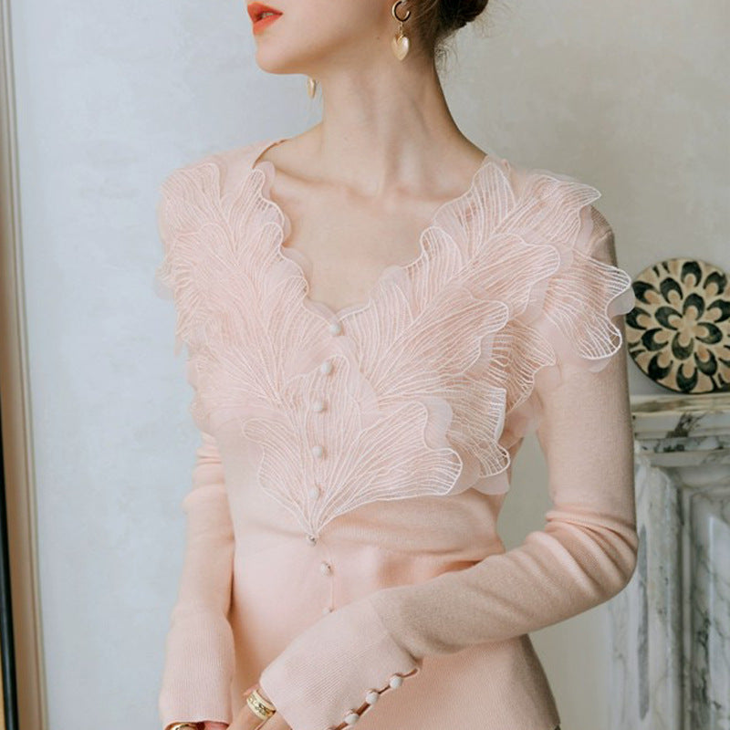 Pink feather cotton-blend knitted sweater bottoming shirt women's long-sleeved top