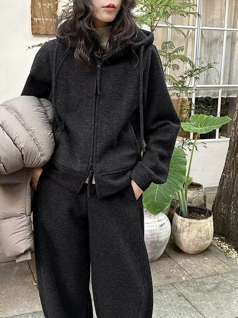 Wool fleece hooded double zipper sweater adjustable corset trousers temperament casual sports suit