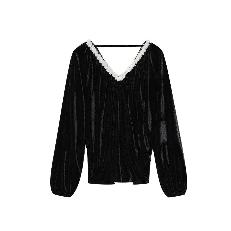 Vintage loose long-sleeved design halter v-neck velvet sweater