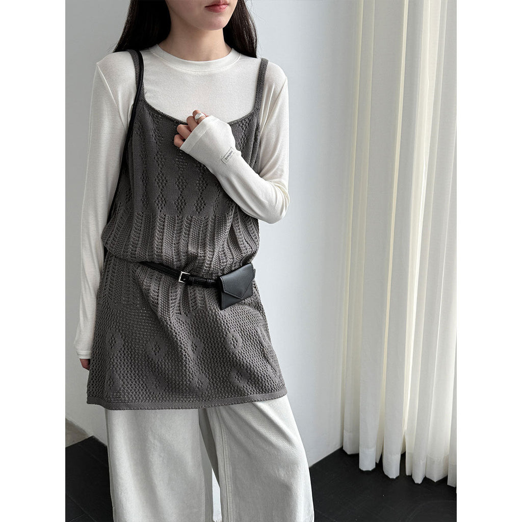 Korean hollow suspender knitted vest skirt women's spring new stacked A-shaped skirt blouse