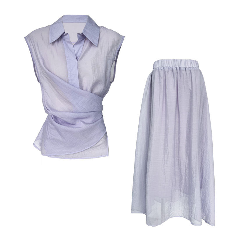 Korean design temperament strap top + high waist skirt summer new shirt set