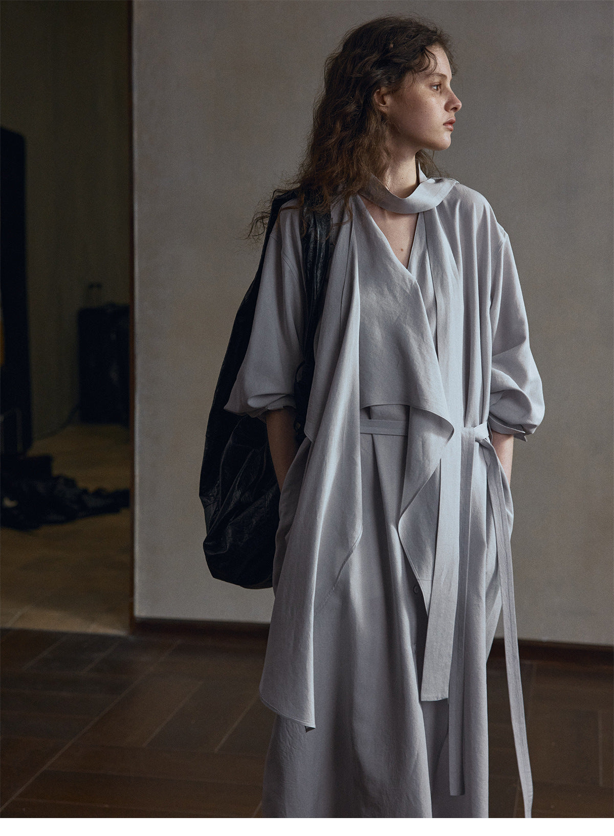 Tencel linen loose lace-up trench coat dress design temperament long coat