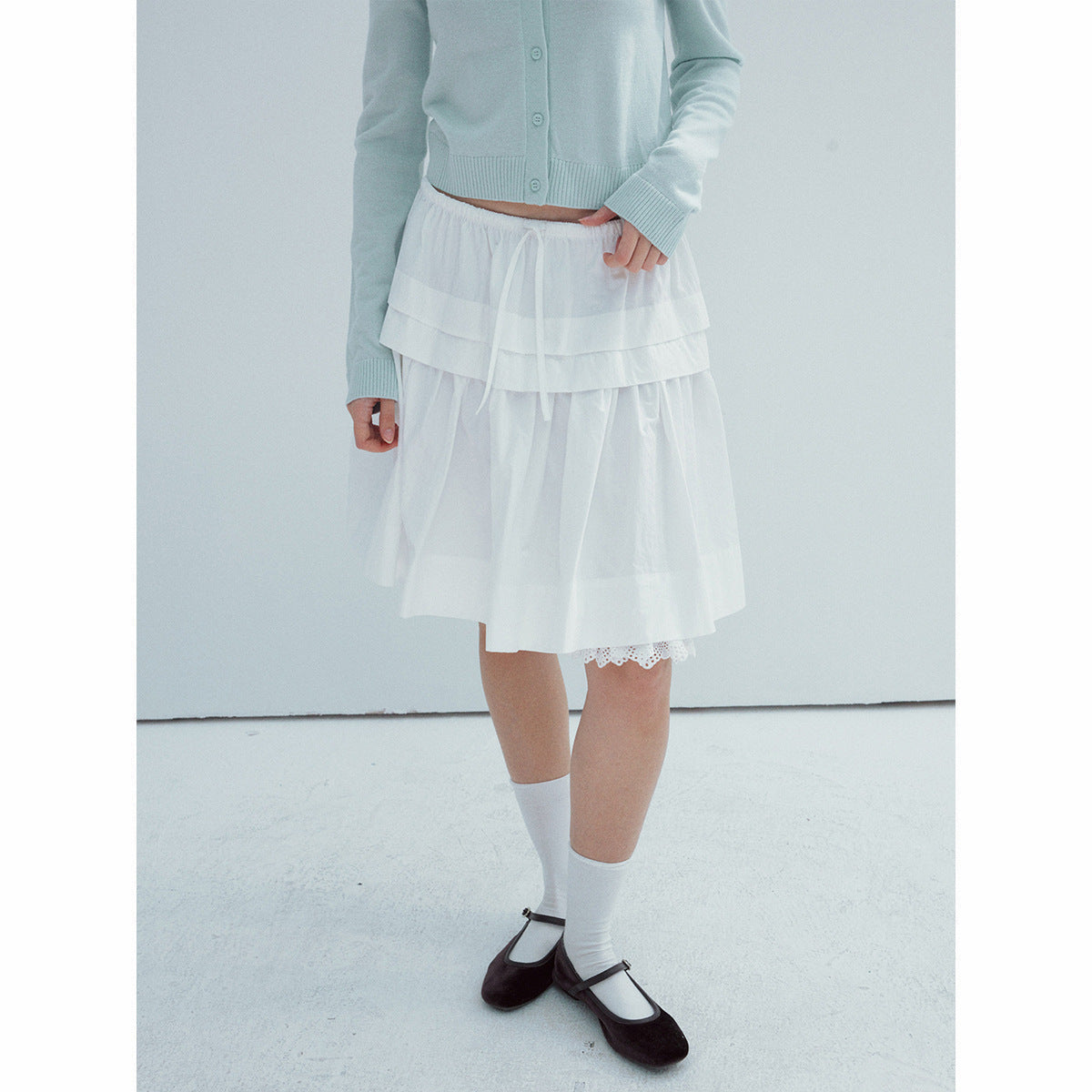 Spring new casual high-waisted drawstring lace cotton brocade solid color splicing short skirt
