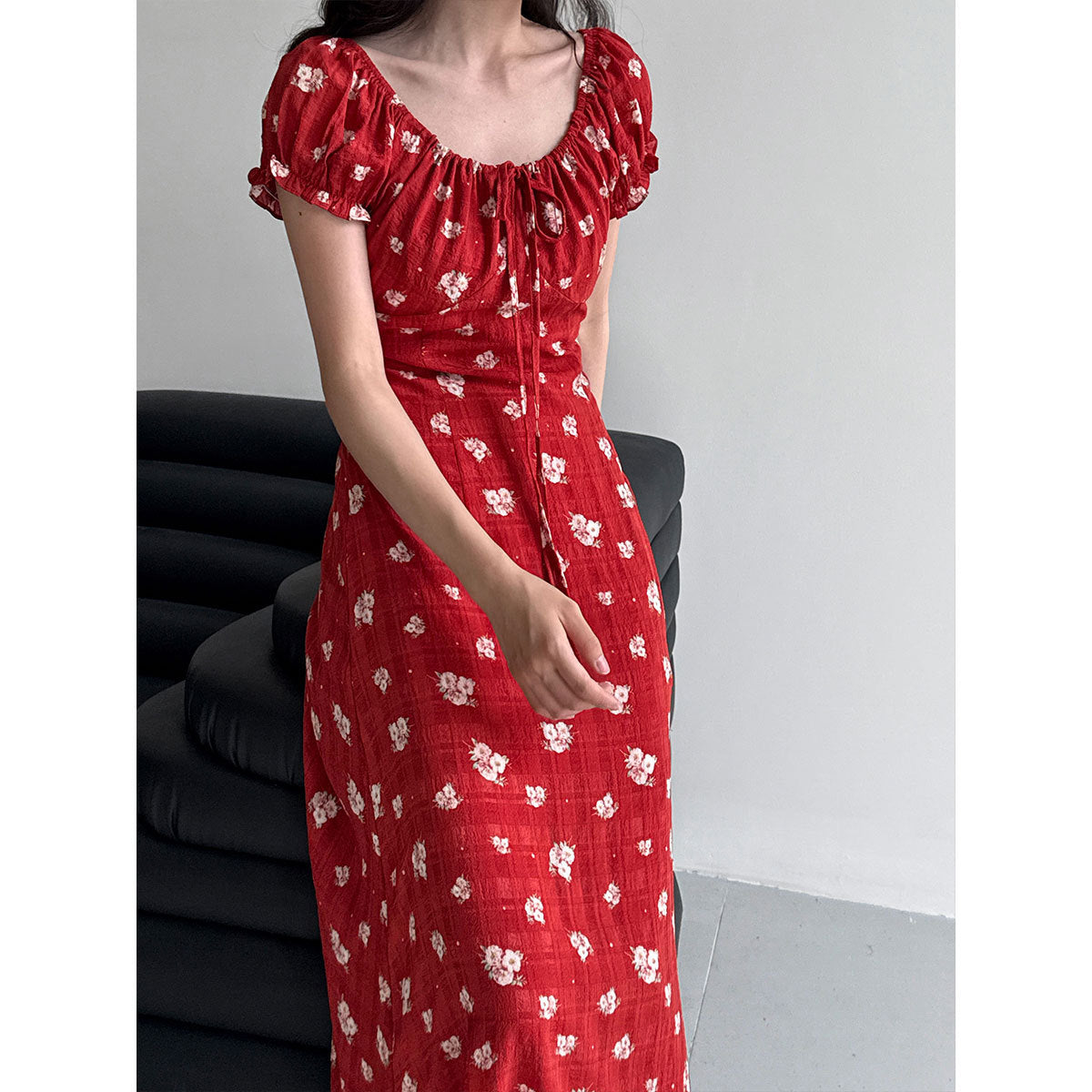 French coffee break bubble sleeve floral dress summer waist thin neckline drawstring long dress
