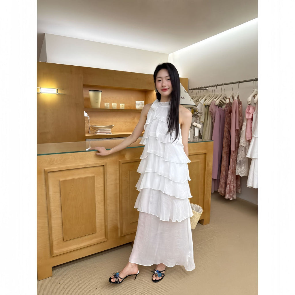 Women's Stand Collar Ruffle Tiered Sleeveless Tencel Maxi Dress