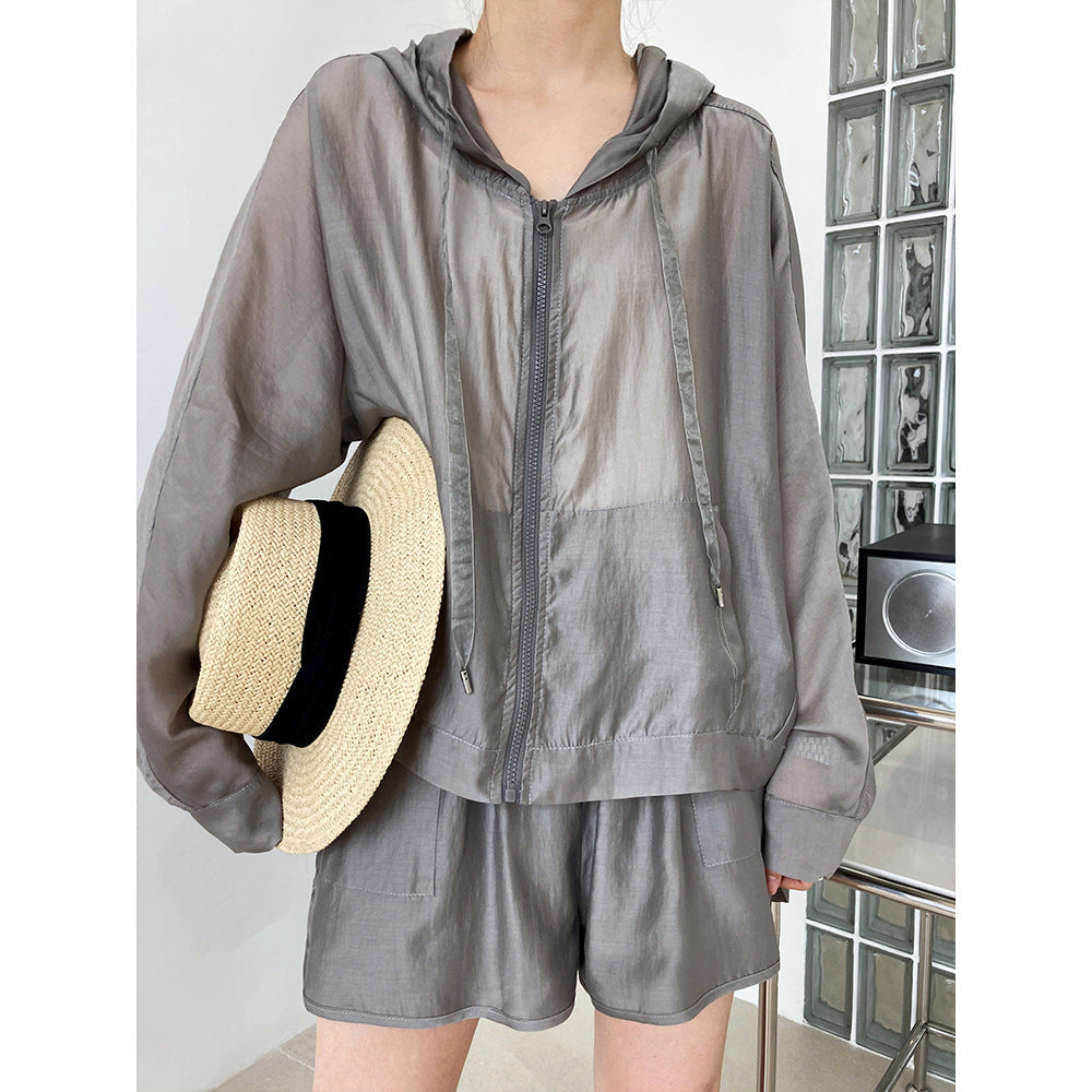 Hooded tencel sun protection set - women's lightweight summer outdoor sports & casual two-piece outfit (hoodie & shorts)