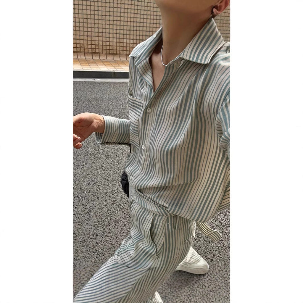Spring and summer French striped fashion suit women's autumn new long-sleeved shirt + skirt two-piece set