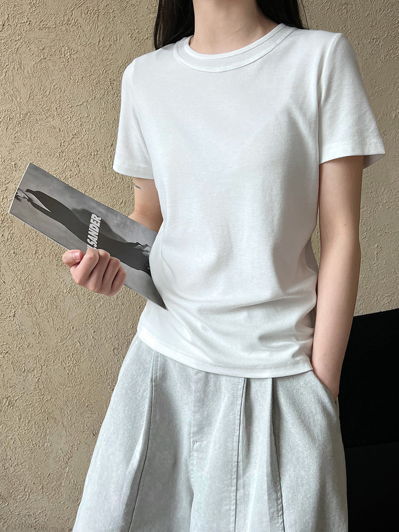 Simple solid color shoulder short-sleeved T-shirt