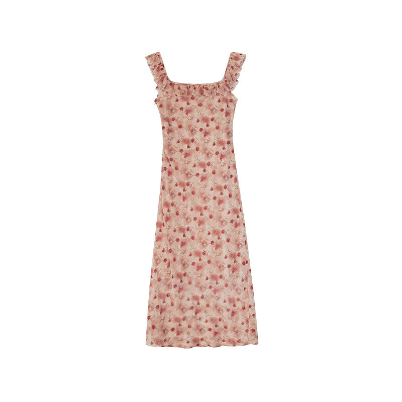 Beautiful floral dress square collar temperament dress