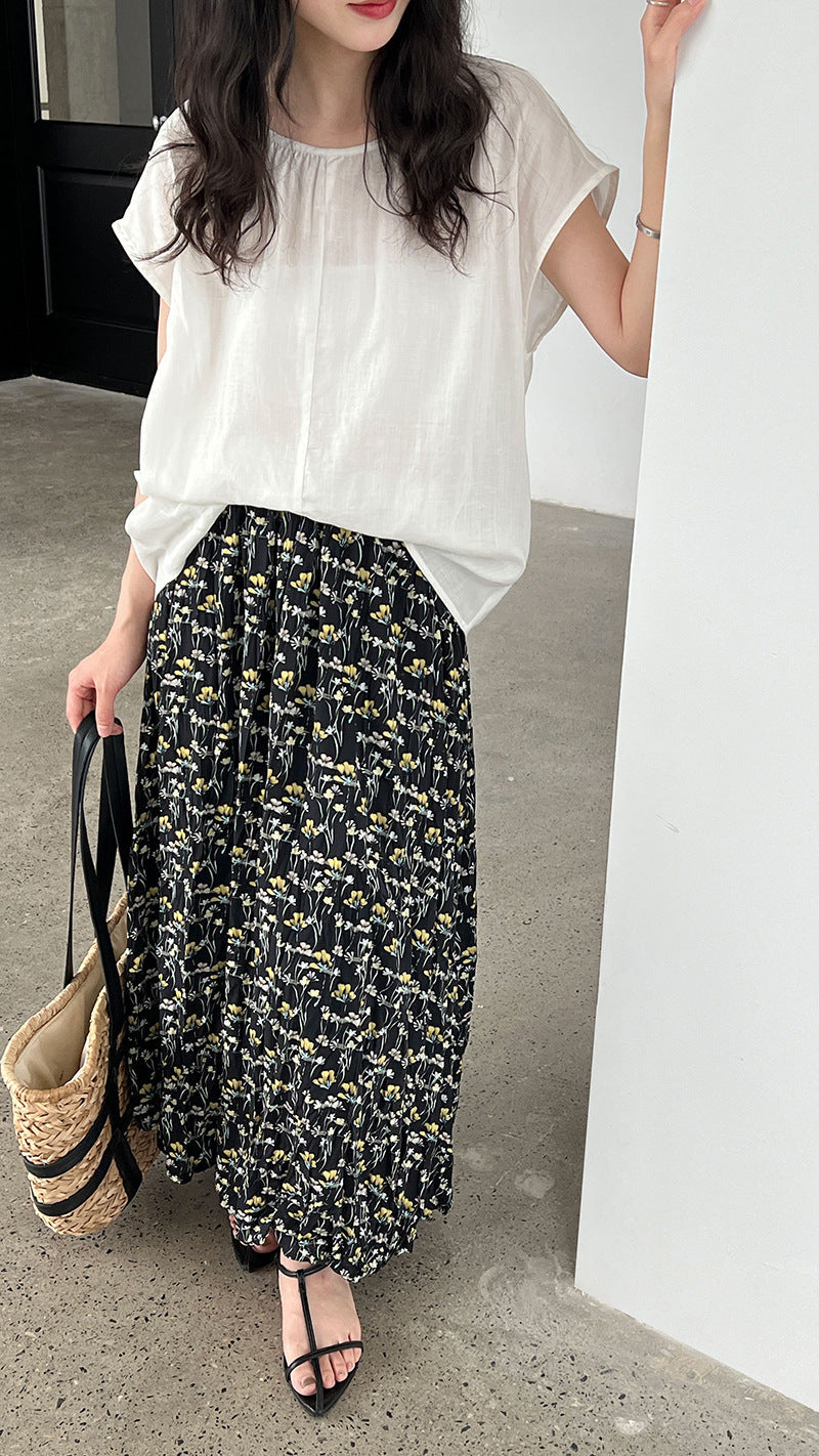 Retro floral skirt women's summer new loose pleated drape high waist a-shaped skirt umbrella skirt