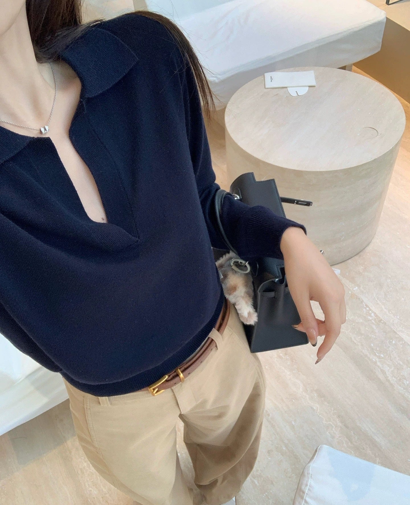 Polo Collar Knitted Sweater Women Loose Fit Long Sleeve Casual Top