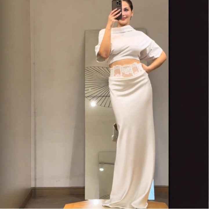New fashion sexy lace satin high waist skirt women