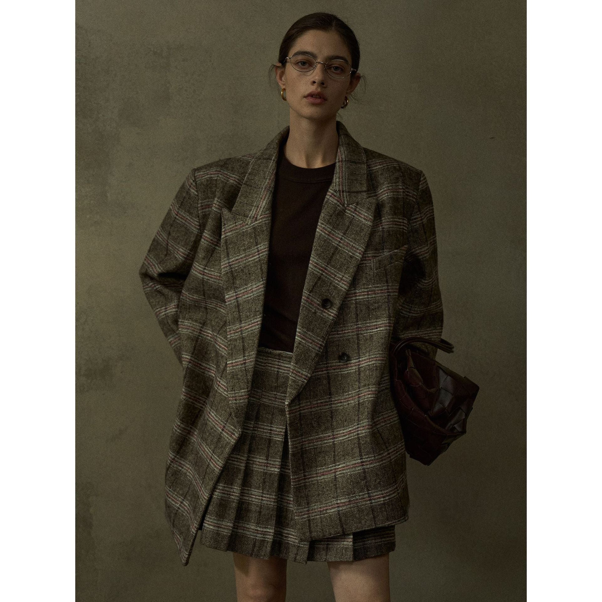 Autumn Design Retro Casual Wool Plaid Classic Wide Shoulder Suit