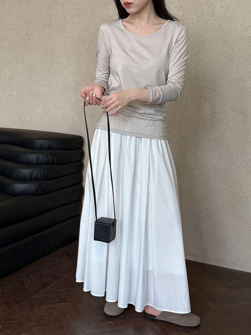Slightly transparent backless swing collar long-sleeved T-shirt for women