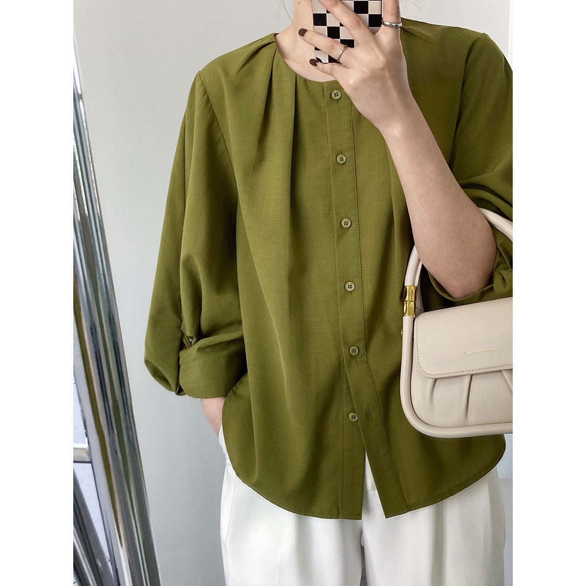Cotton and linen texture lantern sleeve shirt
