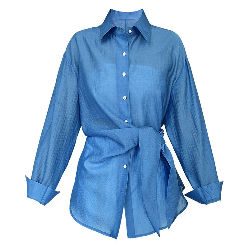 French hem strap-up Tencel acetate sunscreen shirt women's summer new light and thin long-sleeved shawl