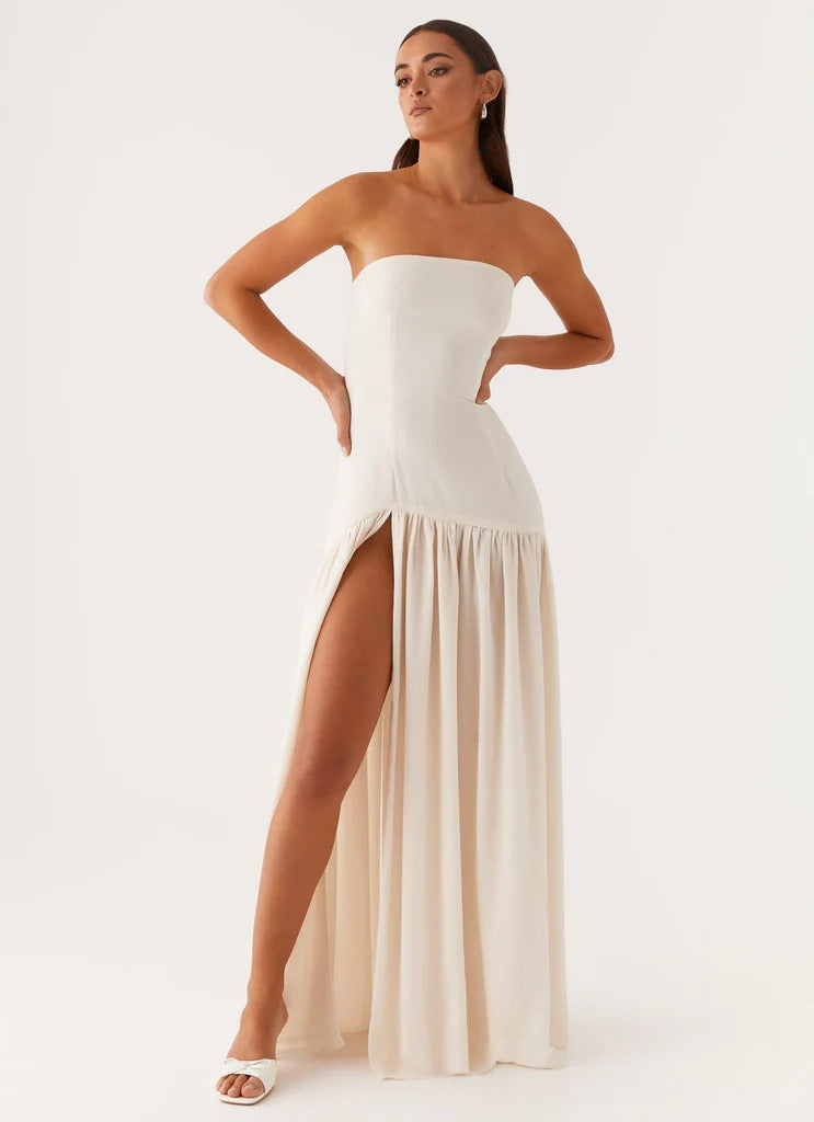 Slim-fit solid color backless splicing dress