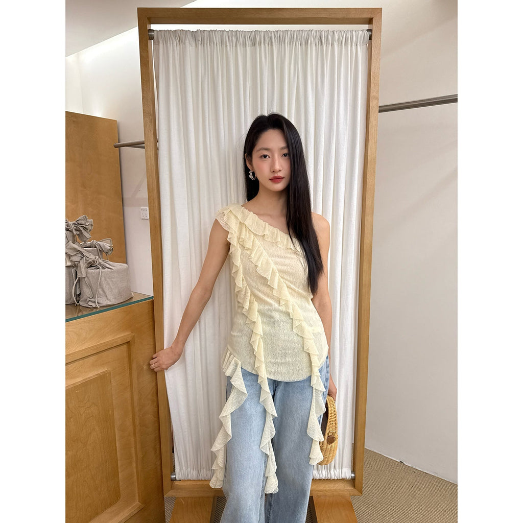 Maillard French Romantic Sleeveless Ribbon Slant Shoulder Chiffon Shirt Women