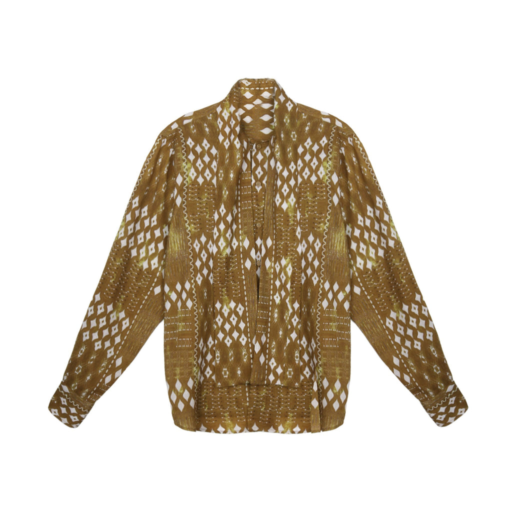 Bohemian Tencel Ramie Ribbon Shirt Geometric Pattern Long Sleeve Top