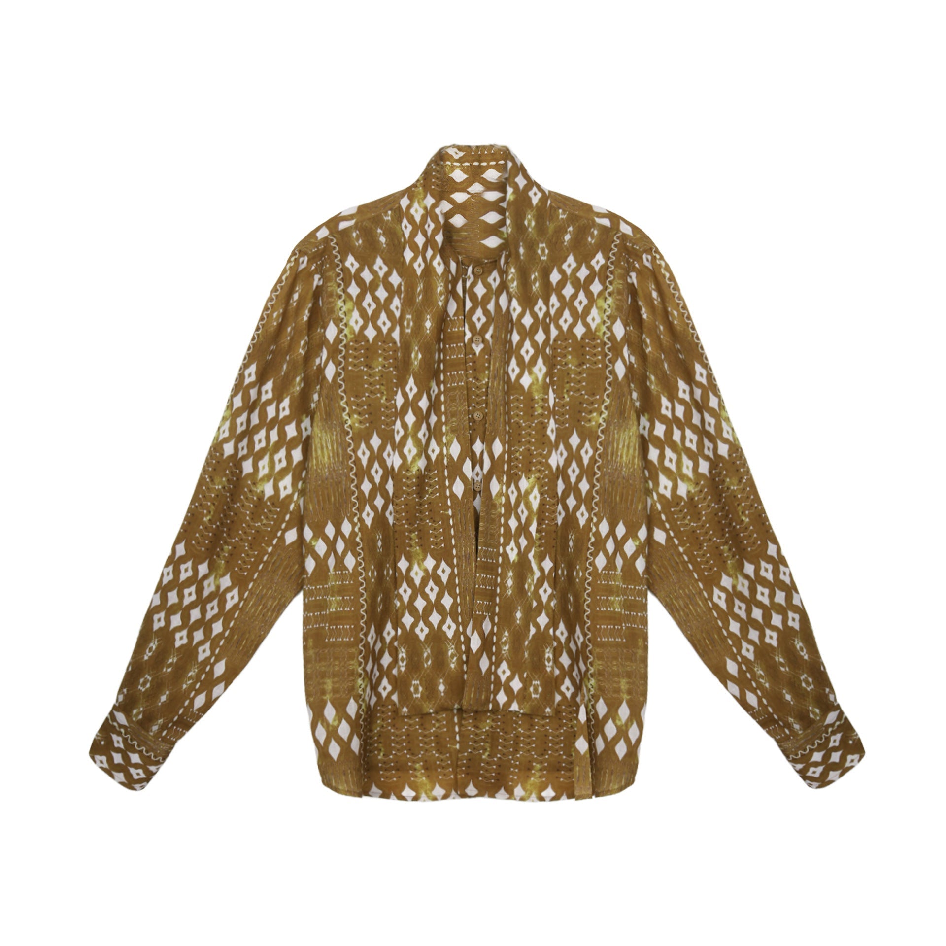 Bohemian Tencel Ramie Ribbon Shirt Geometric Pattern Long Sleeve Top