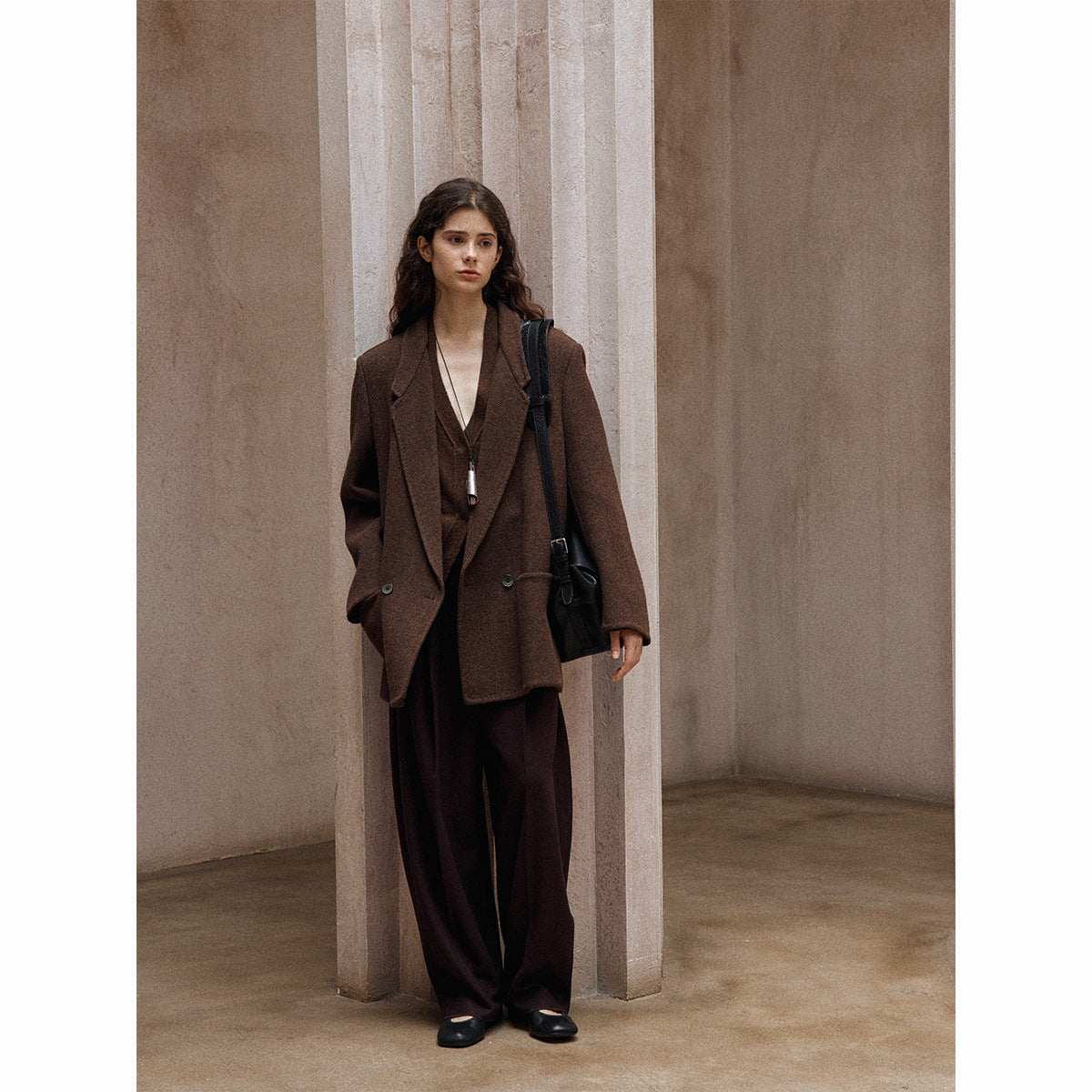 Full wool crisp and stylish simple commuter rough flower wide shoulder suit double-sided tweed jacket