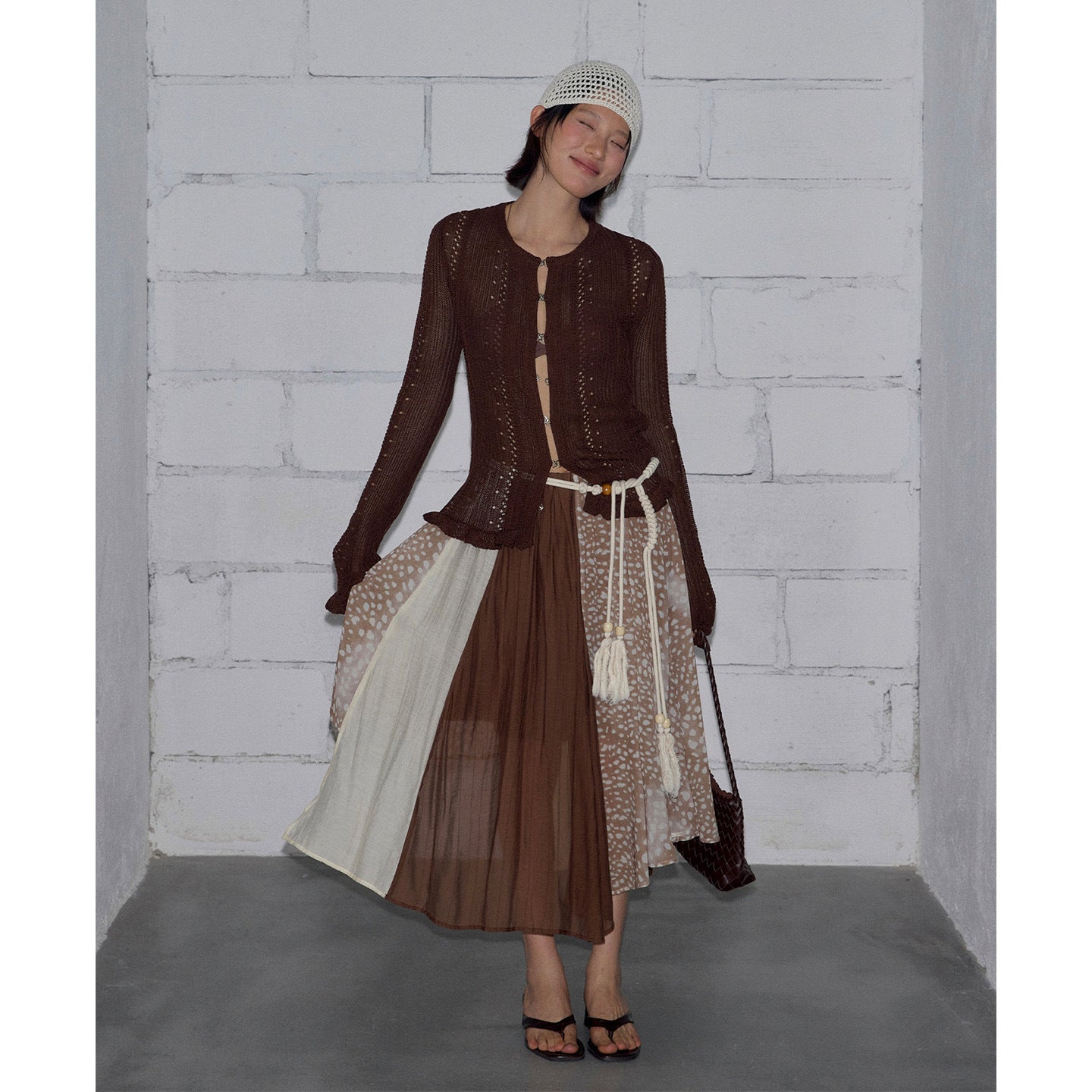 Irregular printing and dyeing chiffon splicing skirt literary Mori medium and long skirt