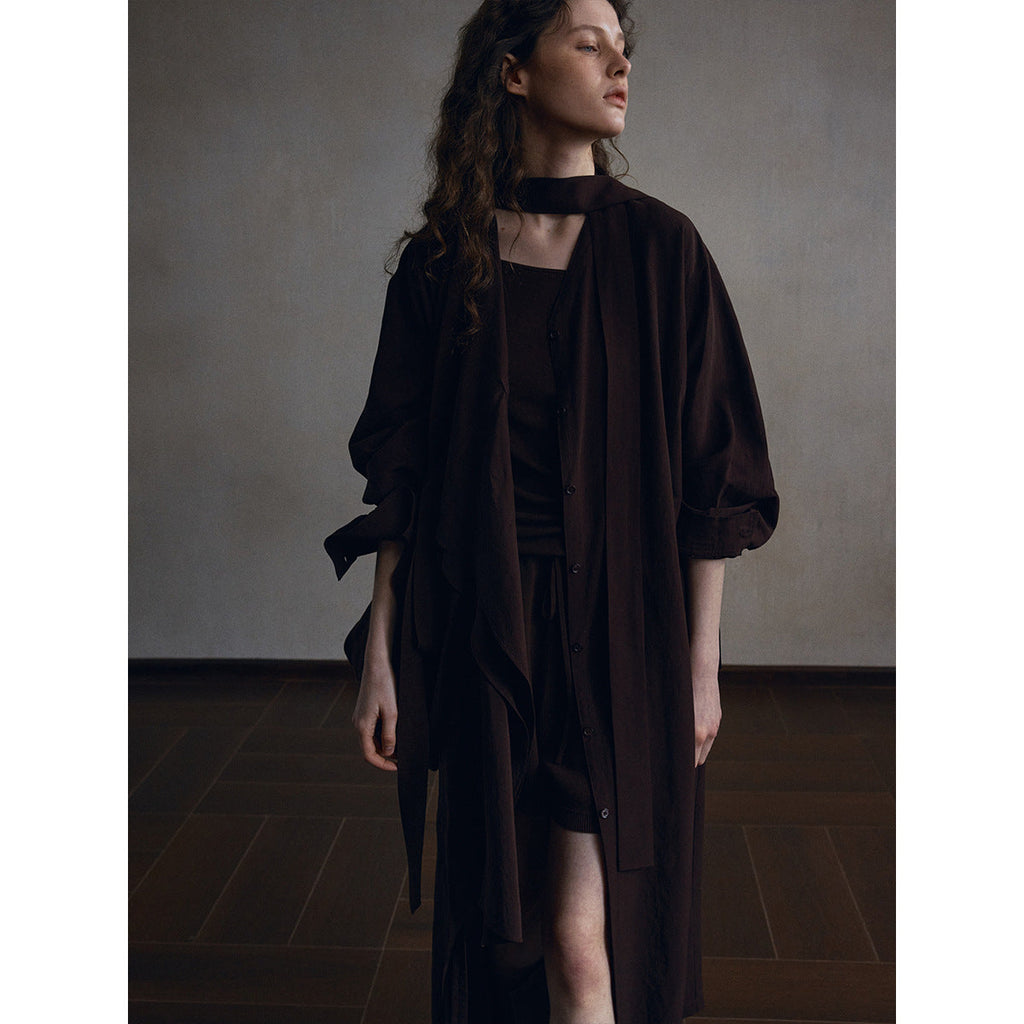 Tencel linen loose lace-up trench coat dress design temperament long coat